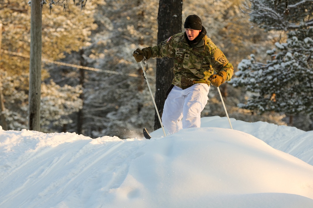 Charlie Troop, 3-71 Cavalry Regiment, 1BCT, 10th Mountain Division train with Finnish soldiers on a ski obstacle course during Defense Exercise North in Sodankyla Garrison, Finland, during Exercise Arctic Forge '23 on Feb. 21, 2023