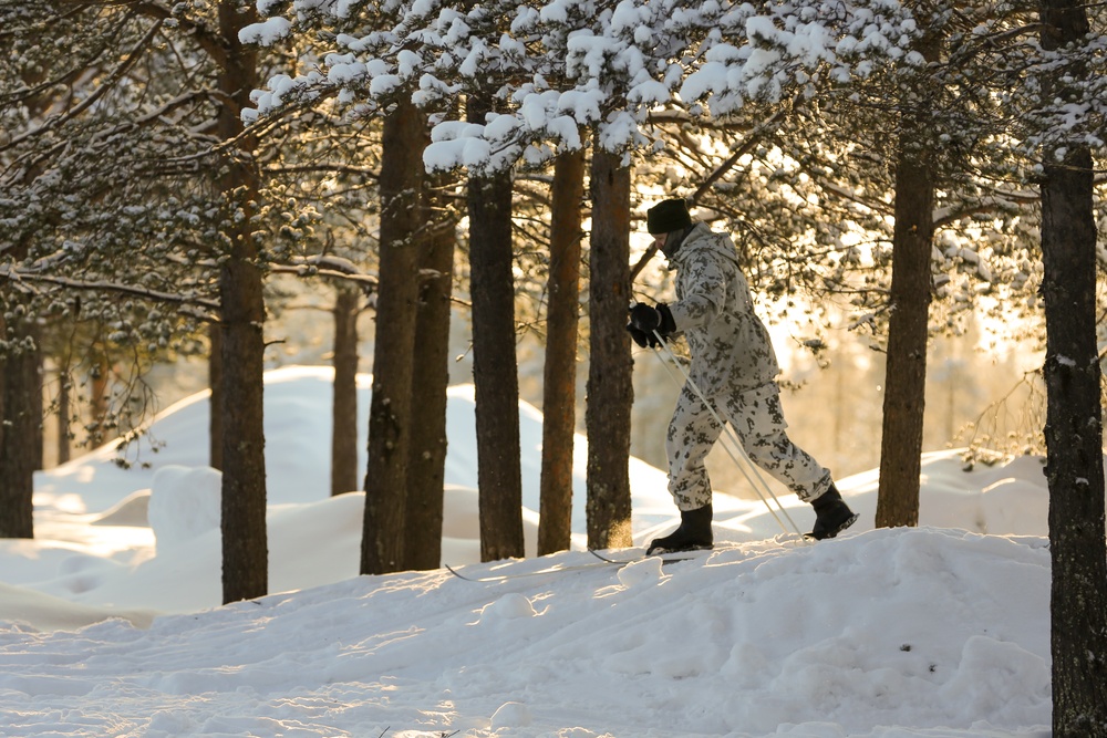 Charlie Troop, 3-71 Cavalry Regiment, 1BCT, 10th Mountain Division train with Finnish soldiers on a ski obstacle course during Defense Exercise North in Sodankyla Garrison, Finland, during Exercise Arctic Forge '23 on Feb. 21, 2023