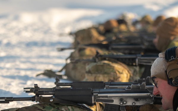 3-71 Cavalry Regiment, 1BCT, 10th Mountain Division train with Finnish soldiers on weapons proficiency using Finland’s RK62 assault rifle during Defense Exercise North in Sodankyla Garrison, Finland, during Exercise Arctic Forge '23 on Feb. 22, 2023