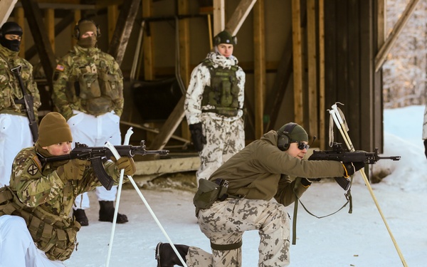 3-71 Cavalry Regiment, 1BCT, 10th Mountain Division train with Finnish soldiers on weapons proficiency using Finland’s RK62 assault rifle during Defense Exercise North in Sodankyla Garrison, Finland, during Exercise Arctic Forge '23 on Feb. 22, 2023