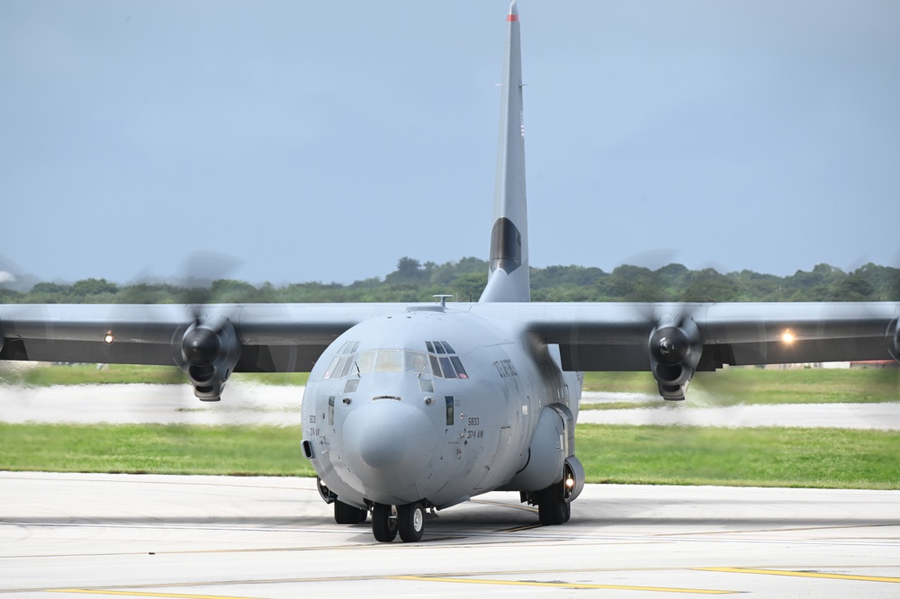 A U.S. Air Force  C-130H Hercules taxis on the flightline