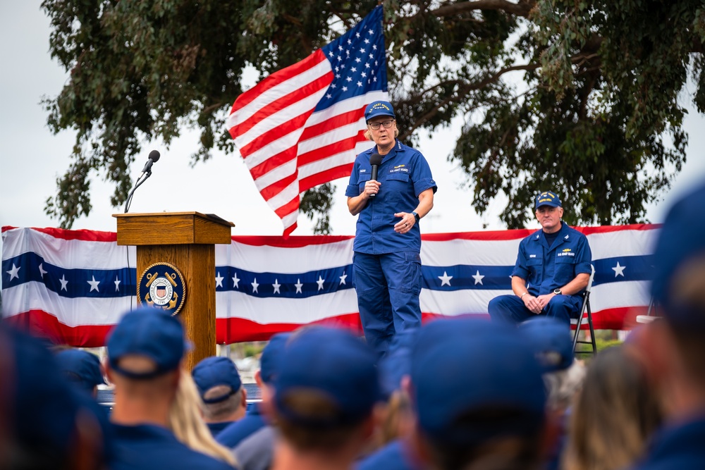 Admiral Linda Fagan addresses California Coast Guard members during all-hands