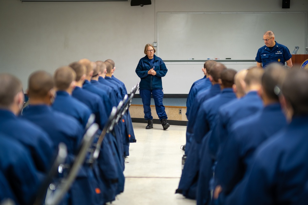 Admiral Linda Fagan and Master Chief Heath Jones speak to Coast Guard recruits at Training Center Cape May