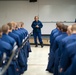 Admiral Linda Fagan and Master Chief Heath Jones speak to Coast Guard recruits at Training Center Cape May