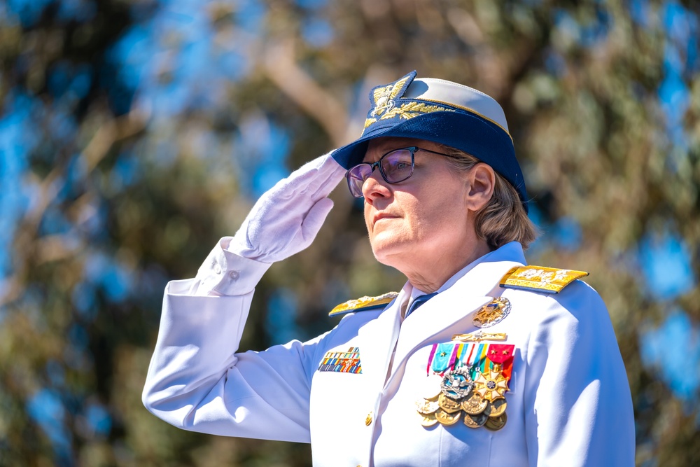 Admiral Linda Fagan presides over Coast Guard Pacific Area change-of-command ceremony in Alameda, California