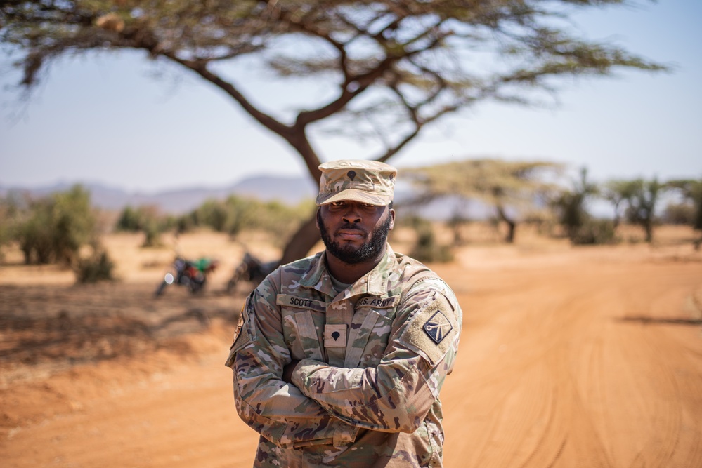 U.S. Army Spc. Atteryious Scott poses for a photo at JA23