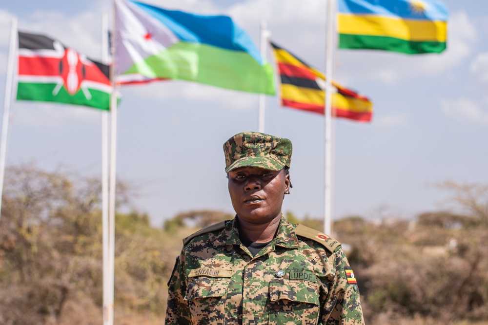 Uganda People’s Defence Forces Maj.Winnie Ntambi, Civil Military Cooperation at the Peace Support Operations Training Center (PSO-TC), poses for a portrait at Justified Accord 23