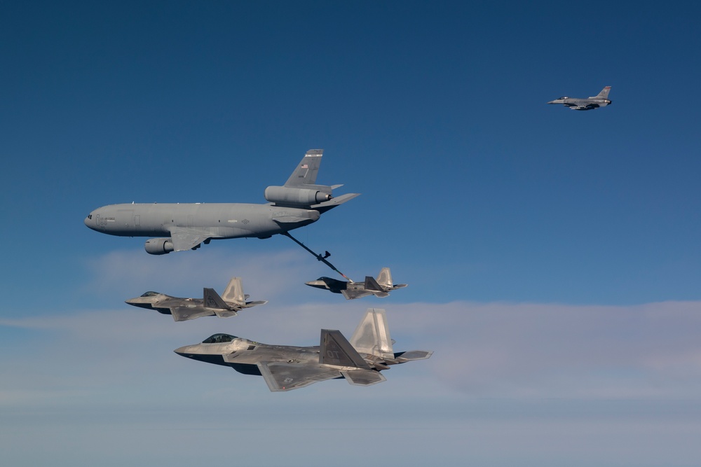 F-22 Raptors conduct test mission over Pacific Ocean