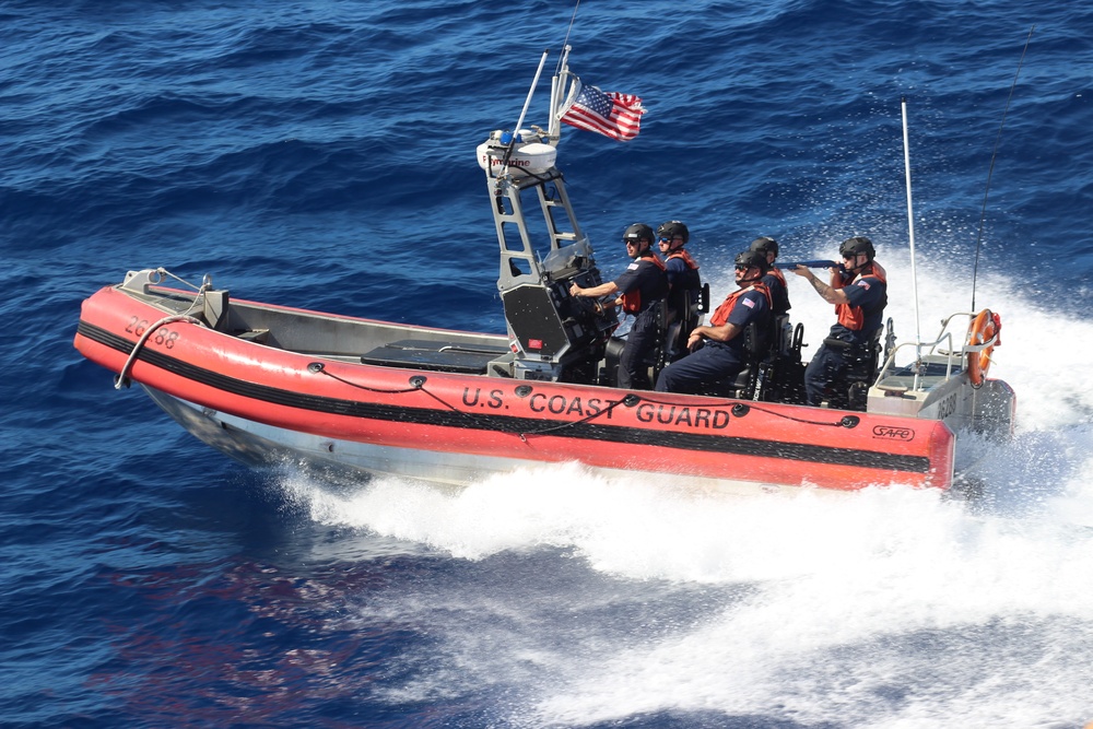 USCGC Reliance's cutter boat crew performs non-compliant vessel training