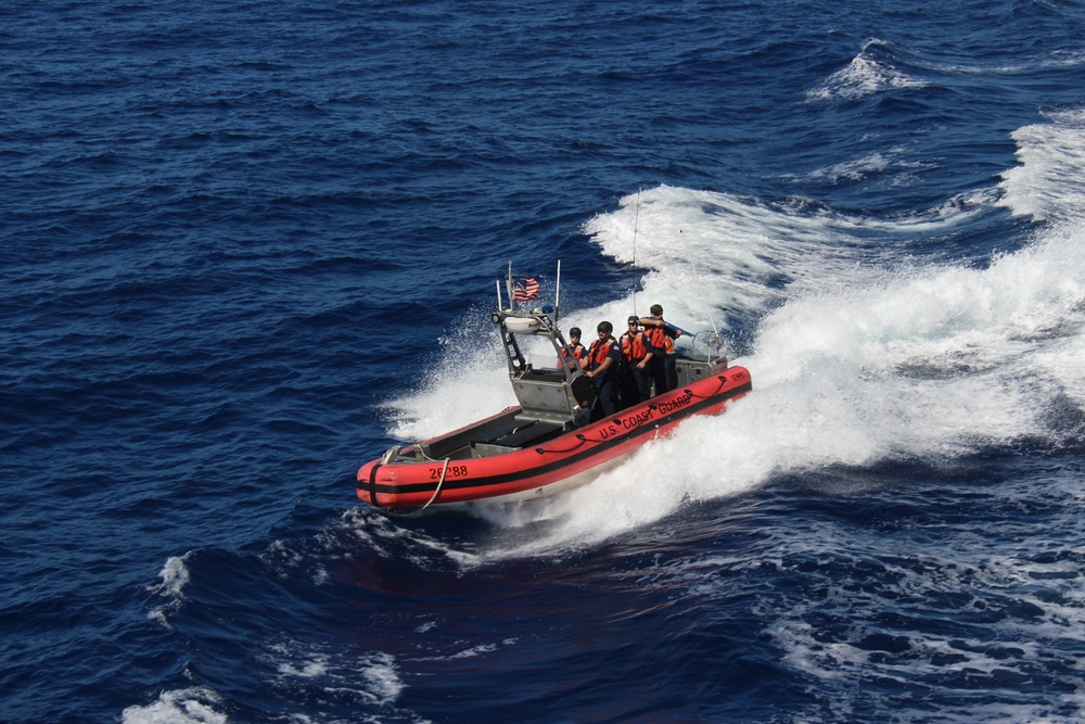 USCGC Reliance's cutter boat crew performs non-compliant vessel training