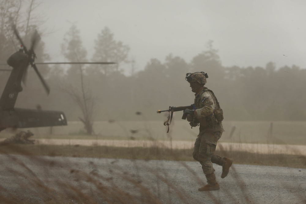 Soldiers with 2BCT of the 10th Mountain Division are moved by helicopter for JRTC