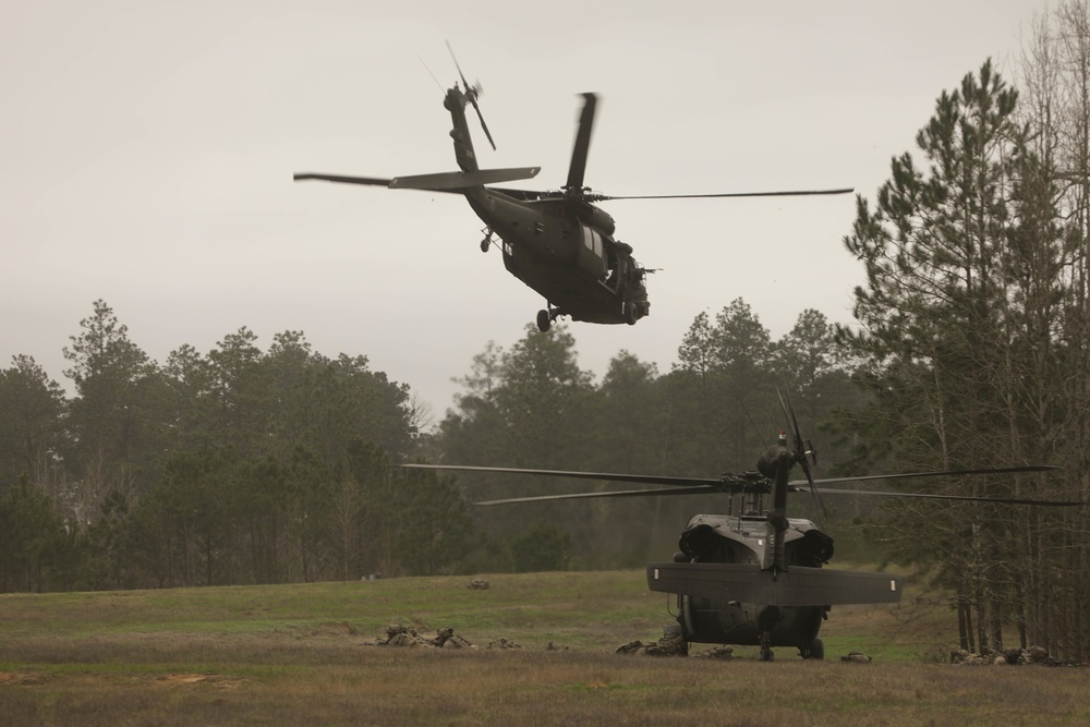 Soldiers with 2BCT of the 10th Mountain Division are moved by helicopter for JRTC