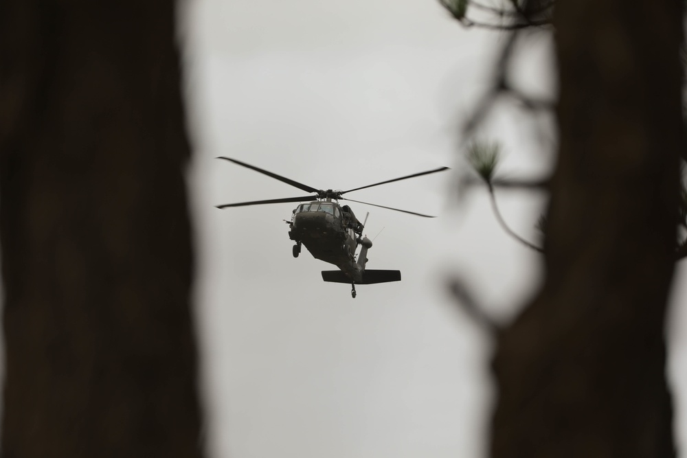 Soldiers with 2BCT of the 10th Mountain Division are moved by helicopter for JRTC