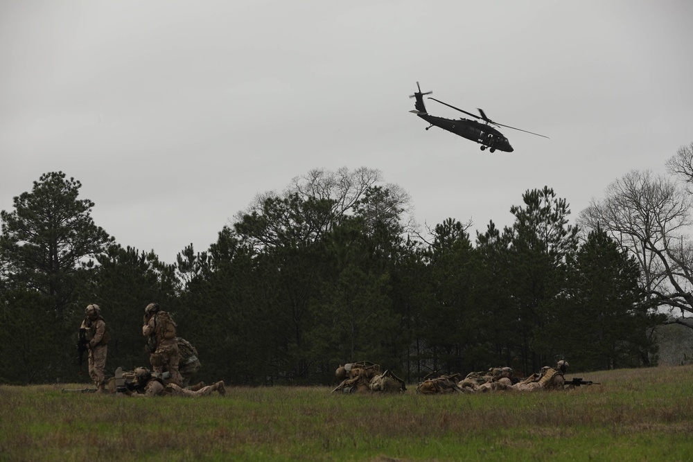 Soldiers with 2BCT of the 10th Mountain Division are moved by helicopter for JRTC