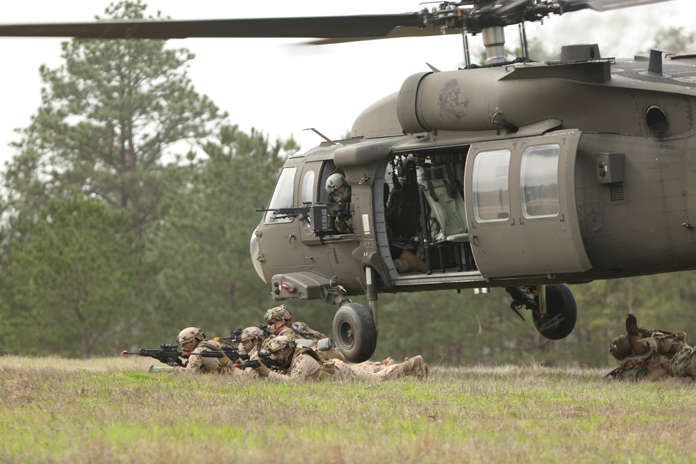 Soldiers with 2BCT of the 10th Mountain Division are moved by helicopter for JRTC