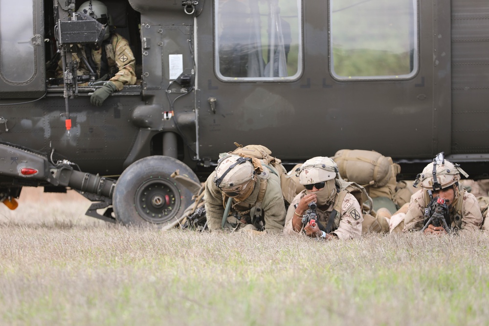 Soldiers with 2BCT of the 10th Mountain Division are moved by helicopter for JRTC