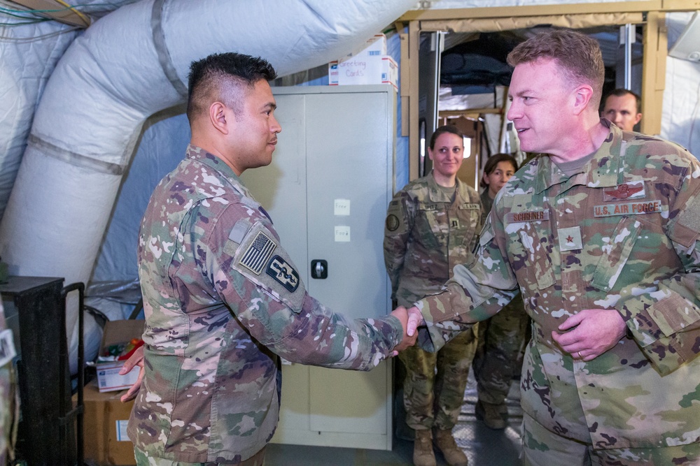 Brig. Gen. Jeffrey T. Schreiner visits Joint Task Force Medical 374's Role III Hospital in Iraq