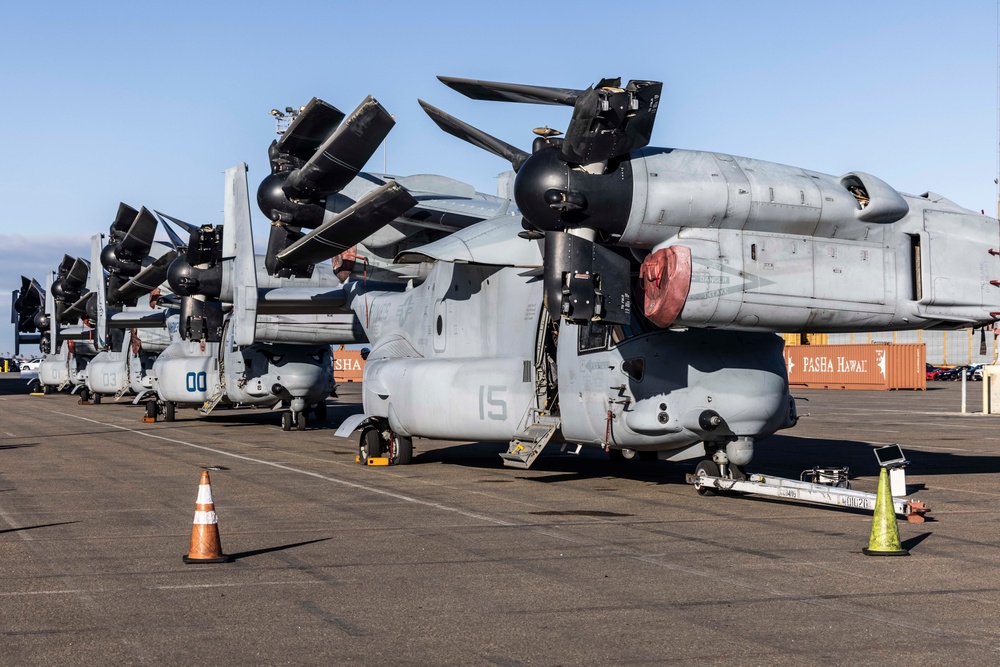 Marine Medium Tiltrotor Squadron 163 Marines Prepare MV-22B Ospreys for Loading