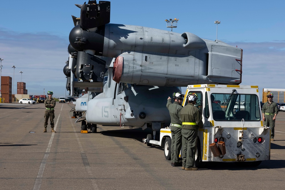 Marine Medium Tiltrotor Squadron 163 Marines Prepare MV-22B Ospreys for Loading  