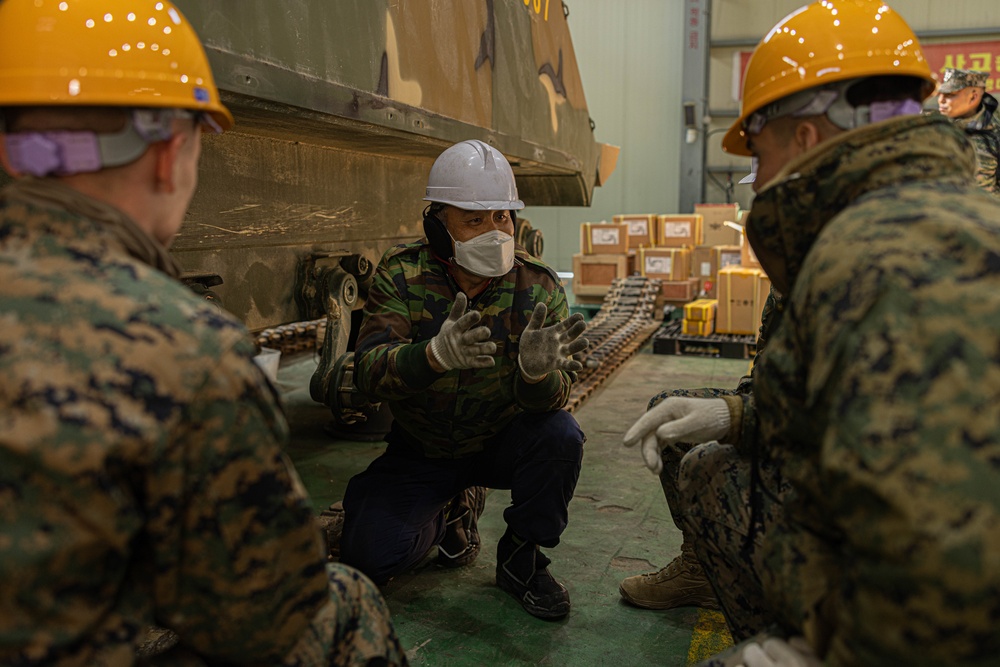 U.S. Marines with 3rd Maintenance Battalion conduct a subject matter expert exchange with Republic of Korea Marines during Korean Marine Exercise Program