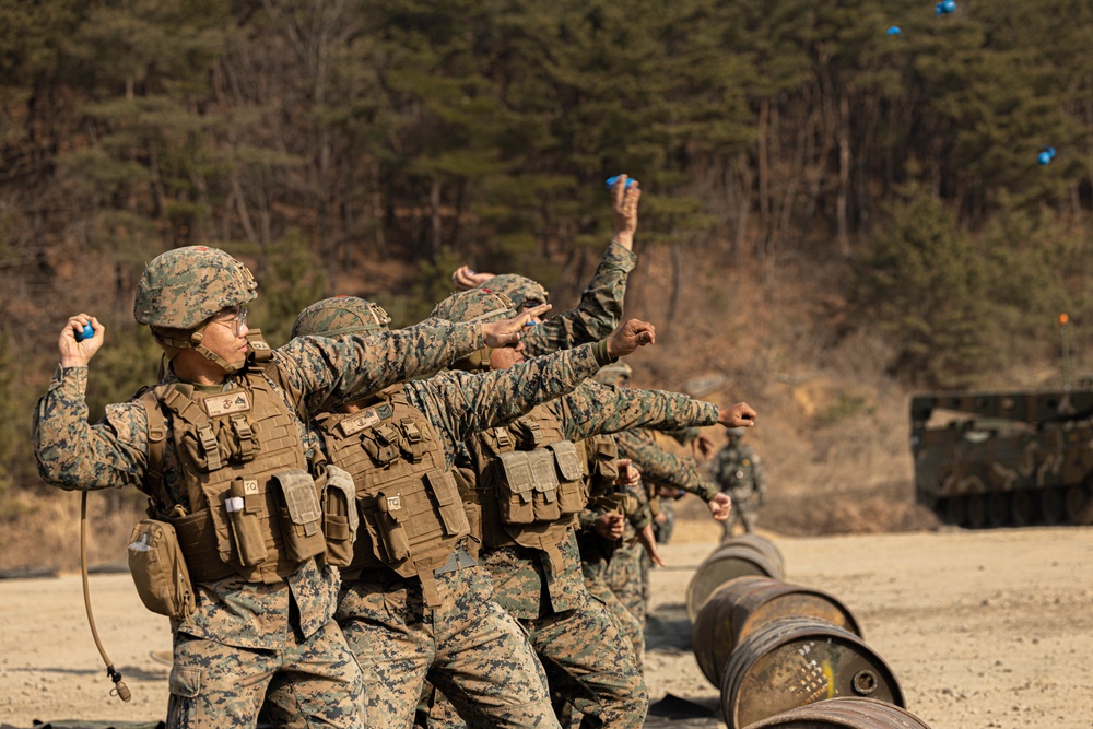 U.S. Marines with 3rd Maintenance Battalion and Republic of Korea Marines conduct grenade range during Korean Marine Exercise Program