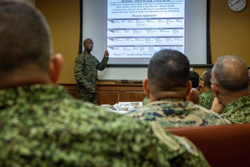 U.S. Marine Corps Col. Reginald J. McClam gives a base tour to the Commandant of the Columbian Marine Corps