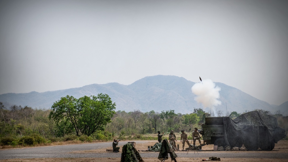 Thai and U.S. Soldiers fire mortars together during Cobra Gold 23