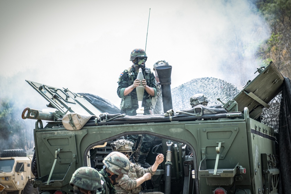 Thai and U.S. Soldiers fire mortars during Cobra Gold 23