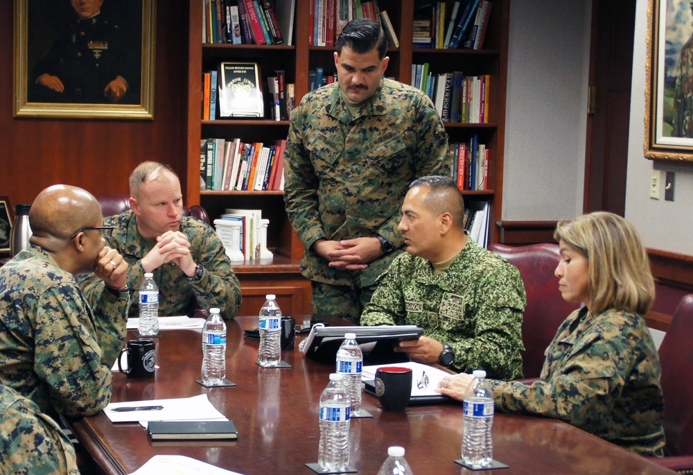 U.S. Marine Corps Col. Reginald J. McClam gives a base tour to the Commandant of the Columbian Marine Corps