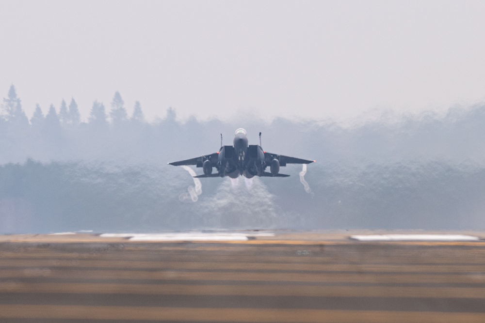 Defending the Skies: F-15E Strike Eagle Takeoffs