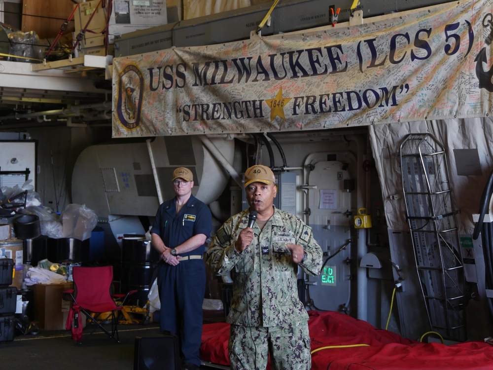 USS Milwaukee Conducts All-Hands Call in Ponce