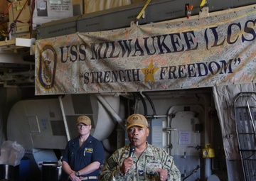 USS Milwaukee Conducts All-Hands Call in Ponce