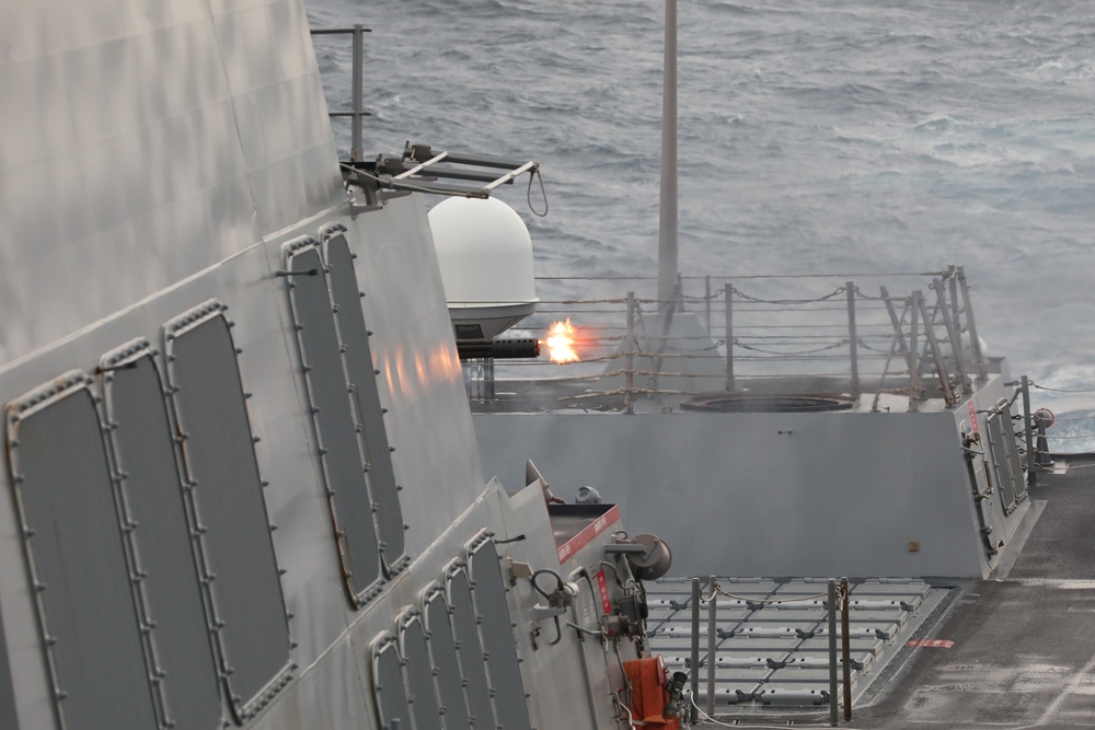 destroyer USS Thomas Hudner (DDG 116) conducts a test of its Close-In Weapons System