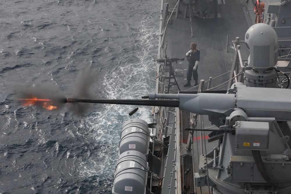 USS Thomas Hudner (DDG 116) conducts a test of its M240 weapons