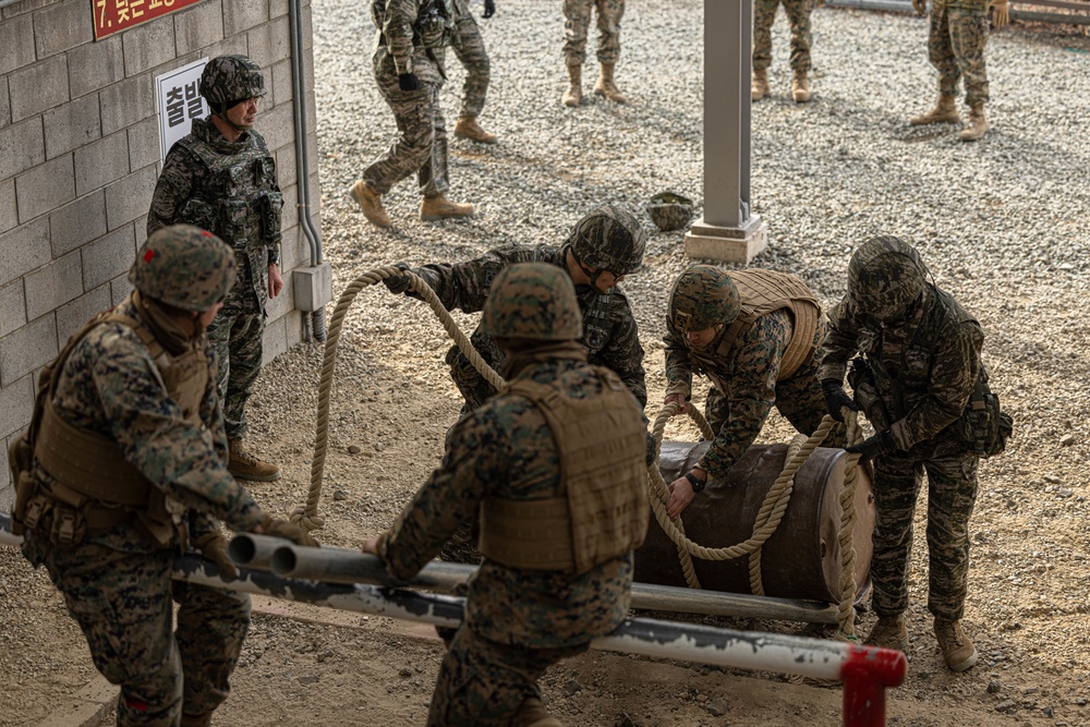 U.S. Marines with 3rd Maintenance Battalion and Republic of Korea Marines maneuver obstacle courses together during Korean Marine Exercise Program