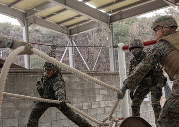 U.S. Marines with 3rd Maintenance Battalion and Republic of Korea Marines maneuver obstacle courses together during Korean Marine Exercise Program