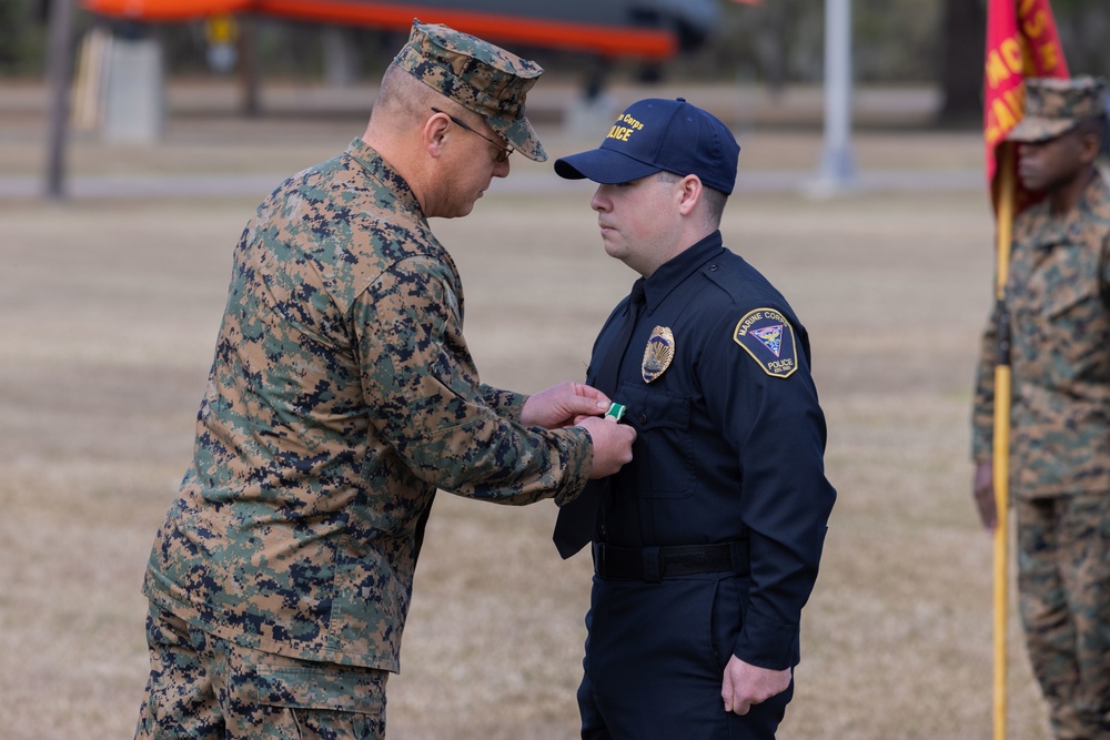 Officer Gabriel George receives the Navy &amp; Marine Corps Accommodation Medal at MCAS Beaufort