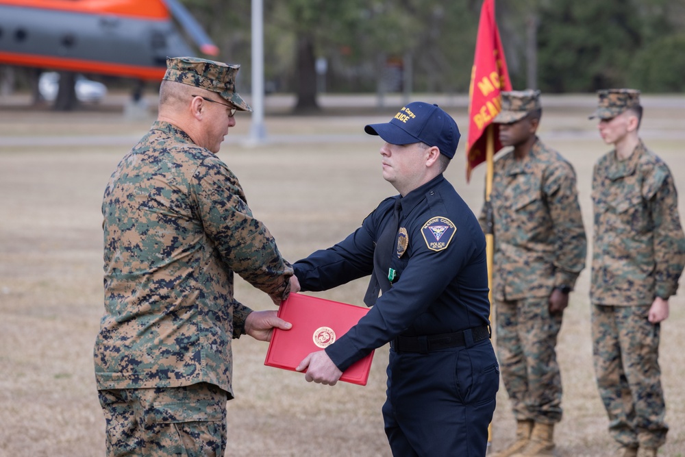 Officer Gabriel George receives the Navy &amp; Marine Corps Commendation Medal at MCAS Beaufort