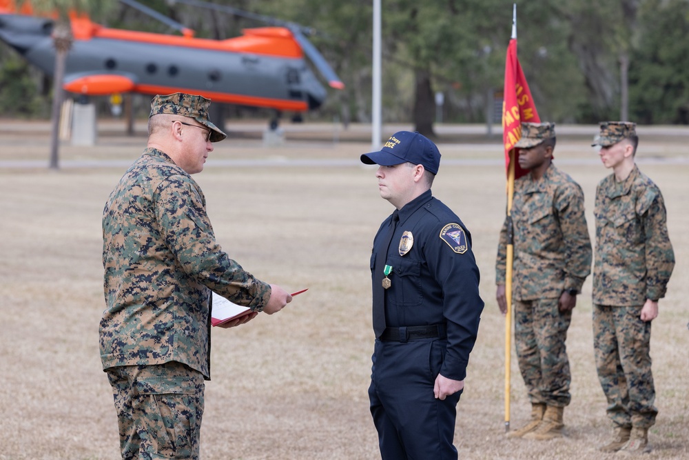 Officer Gabriel George receives the Navy &amp; Marine Corps Commendation Medal at MCAS Beaufort