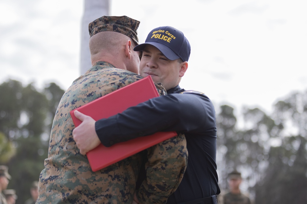 Officer Gabriel George receives the Navy &amp; Marine Corps Commendation Medal at MCAS Beaufort