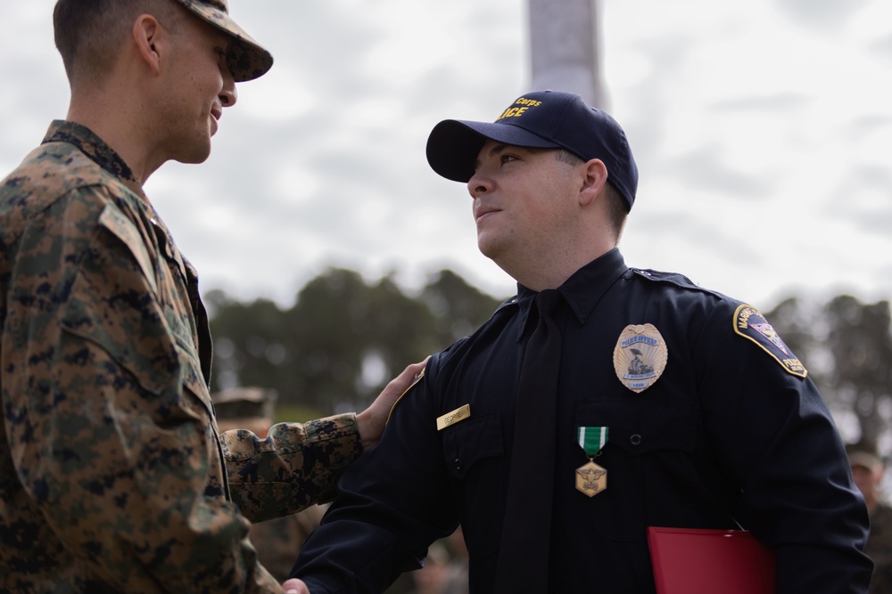 Officer Gabriel George receives the Navy &amp; Marine Corps Commendation Medal at MCAS Beaufort