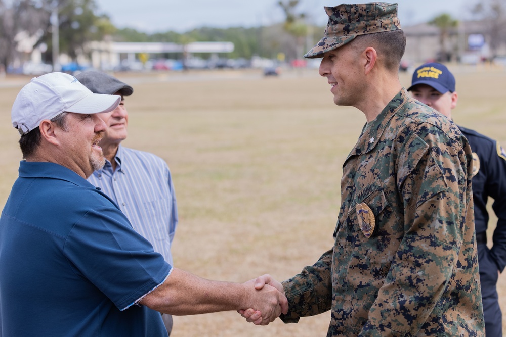 Officer Gabriel George receives the Navy &amp; Marine Corps Commendation Medal at MCAS Beaufort