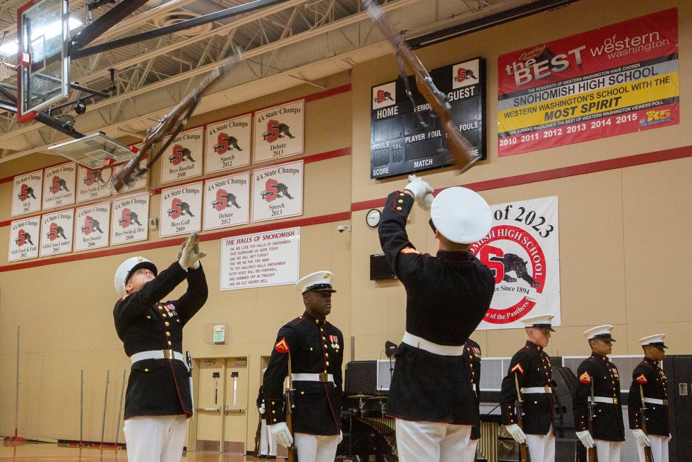 The Silent Drill Platoon and The Commandant's Own Drum &amp; Bugle Corps perform at Snohomish High School