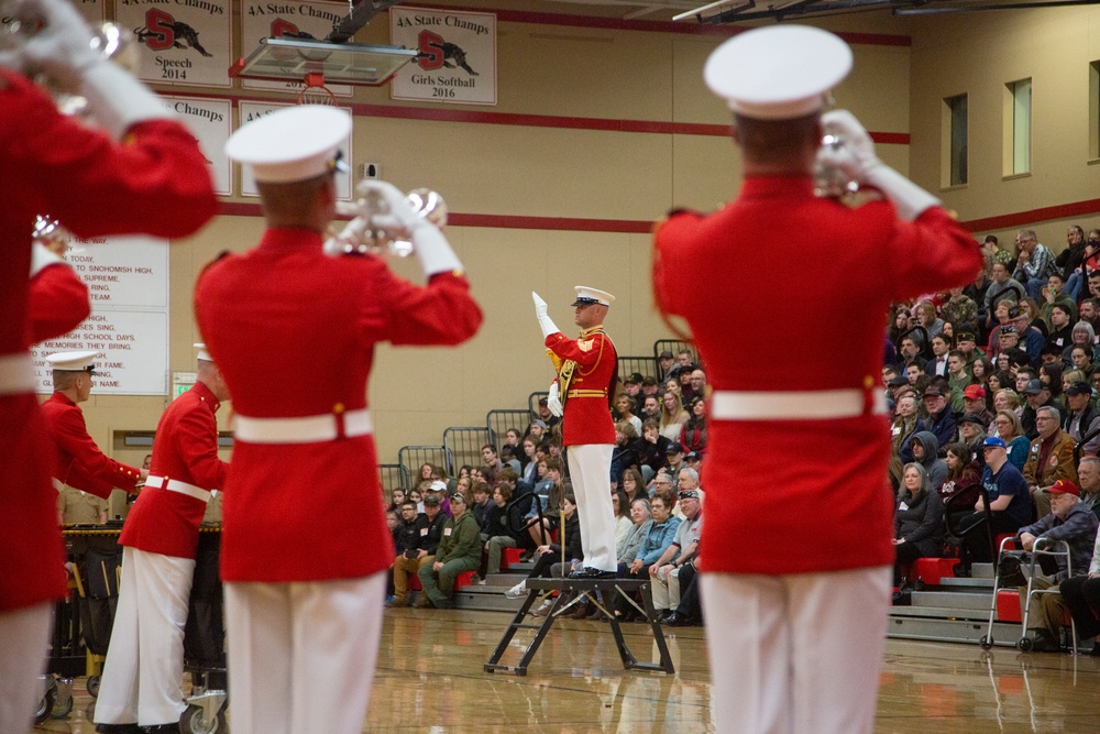 The Silent Drill Platoon and The Commandant's Own Drum &amp; Bugle Corps perform at Snohomish High School