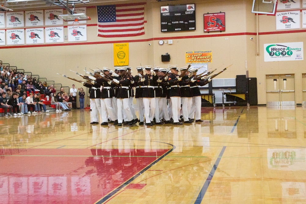 The Silent Drill Platoon and The Commandant's Own Drum &amp; Bugle Corps perform at Snohomish High School