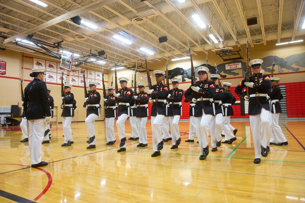 The Silent Drill Platoon and The Commandant's Own Drum &amp; Bugle Corps perform at Snohomish High School