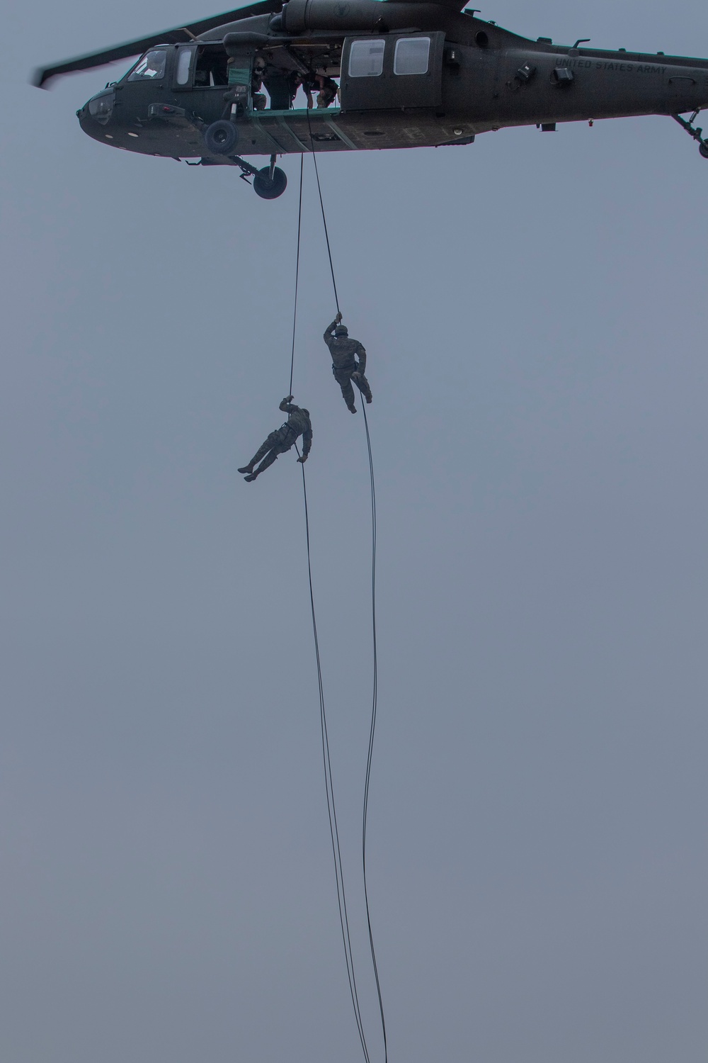 Task Force Spartan Soldiers rappel from Black Hawks during Rappel Master Course