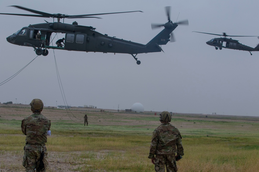 Task Force Spartan Soldiers rappel from Black Hawks during Rappel Master Course