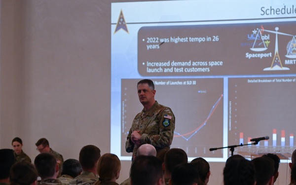 U.S. Space Force Col. Robert Long, Space Launch Delta 30 commander, Speaks at an All-Call on Vandenberg SFB