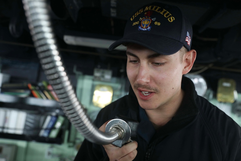 USS Milius Sailors Stand Watch on the Ship's Bridge While Operating in the Philippine Sea